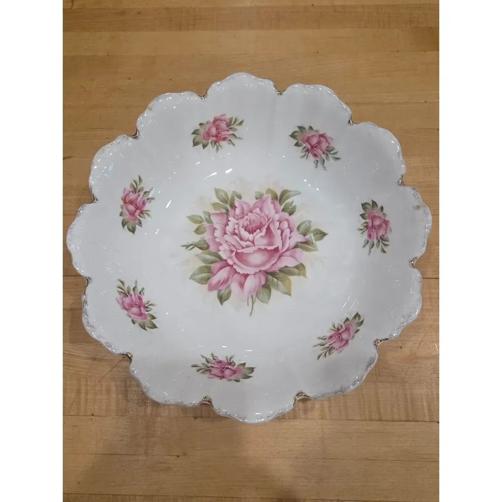 Antique Malmaison Bavaria RC Porcelain Pink Rose Bowl Scalloped Gold Trim Large